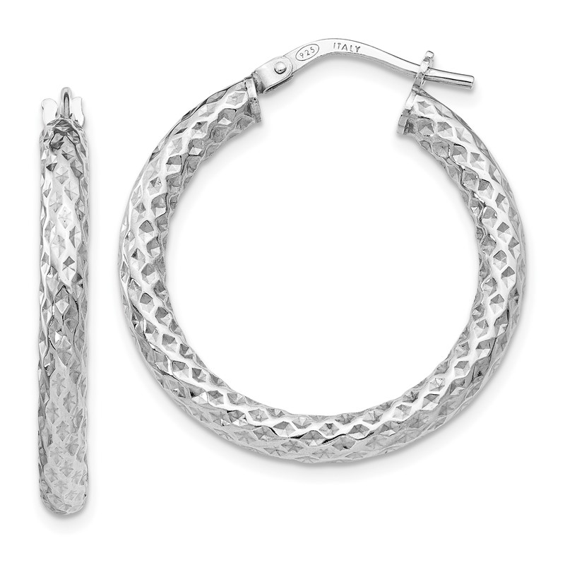 Sterling Silver RH-plt Polished & Textured Hinged Hoop Earrings
