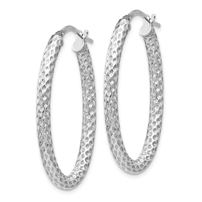 Sterling Silver RH-plt Polish/Textured Oval Hinged Hoop Earrings