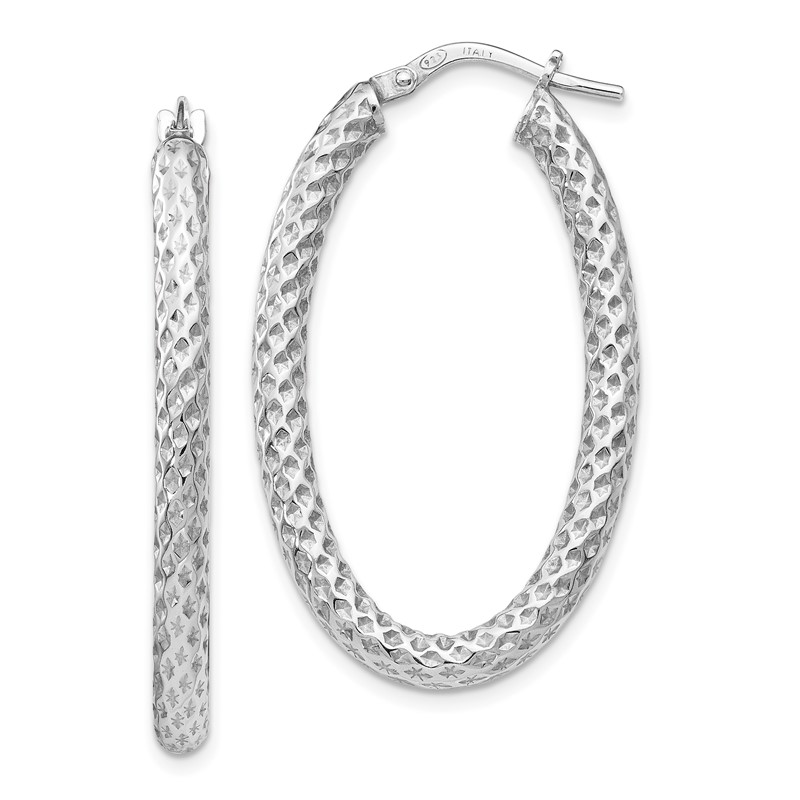 Sterling Silver RH-plt Polish/Textured Oval Hinged Hoop Earrings