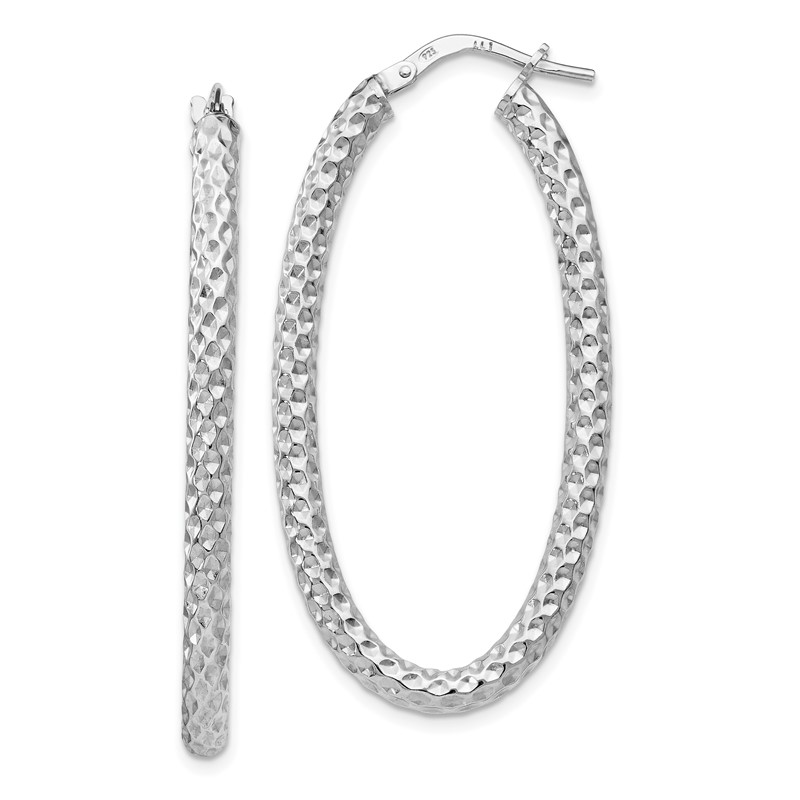 Sterling Silver RH-plt Polish/Textured Oval Hinged Hoop Earrings
