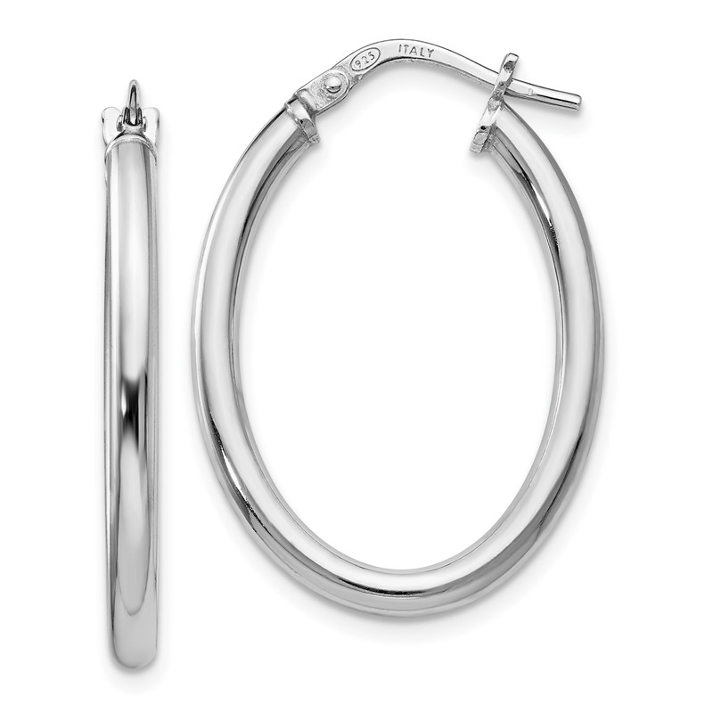 Sterling Silver RH-plated Polished Oval Hinged Hoop Earrings