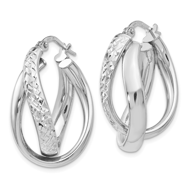 Sterling Silver RH-plated Polished / Textured Fancy Hoop Earrings