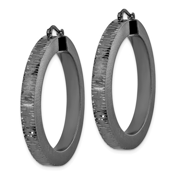 Leslie's Sterling Silver Black Ruthenium-plated Brushed & Diamond-cut Round Hoop Earrings