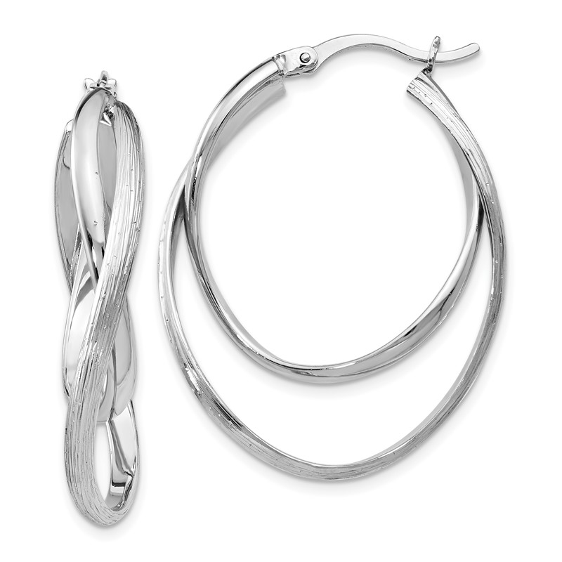 Sterling Silver RH-plated Polished and Textured Hoop Earrings