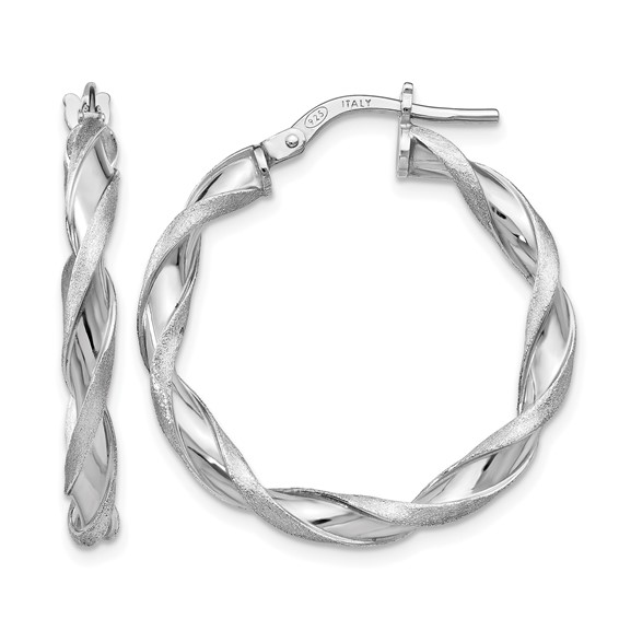 Leslie's SS RH-plated Polished/Scratch-finish Twisted Hoop Earrings