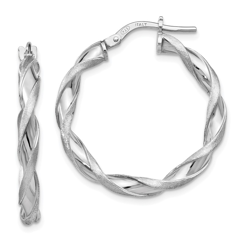 SS RH-plated Polished/Scratch-finish Twisted Hoop Earrings