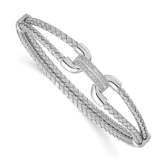 Leslie's Sterling Silver Rhod-plat Polished CZ Woven Flexible Cuff