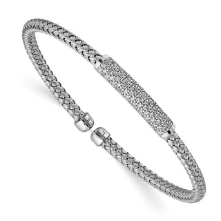 Leslie's Sterling Silver Rhod-plat Polished CZ Woven Flexible Cuff