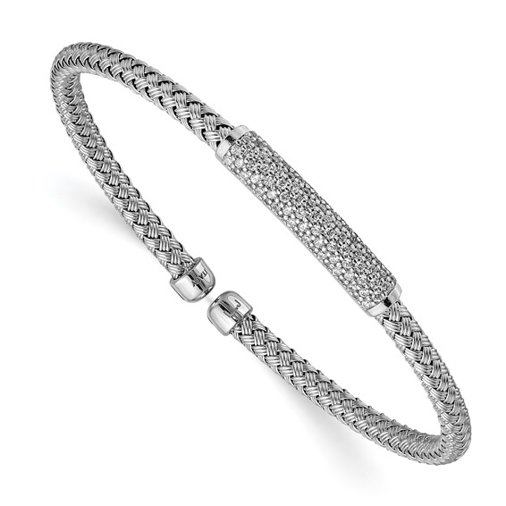 Leslie's Sterling Silver Rhod-plat Polished CZ Woven Flexible Cuff