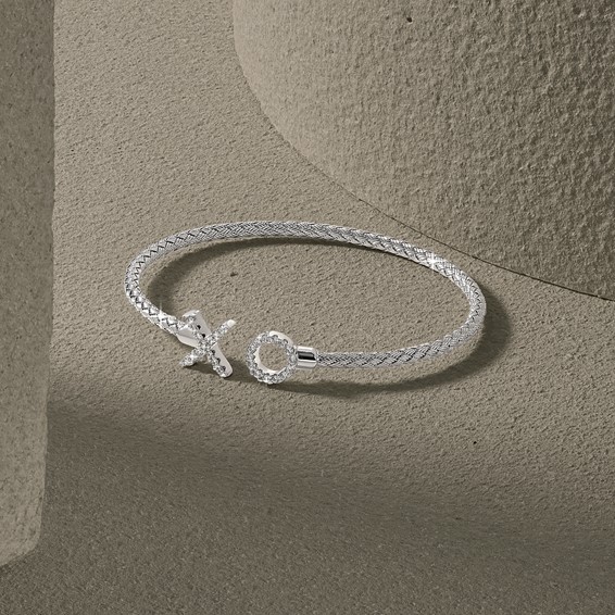 Leslie's Sterling Silver Rhod-plat Polished CZ X & O Woven Flexible Cuff