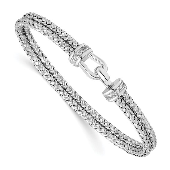 Leslie's Sterling Silver Rhod-plat Polished CZ Double Woven Flexible Cuff