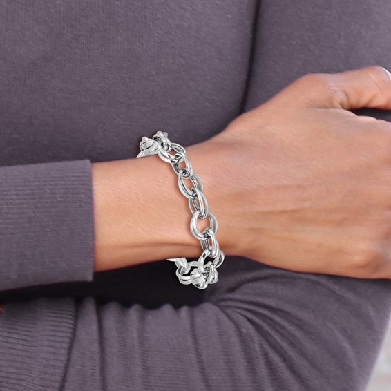 Leslie's Sterling Silver Rhod Polished & Hammered Fancy Link Bracelet