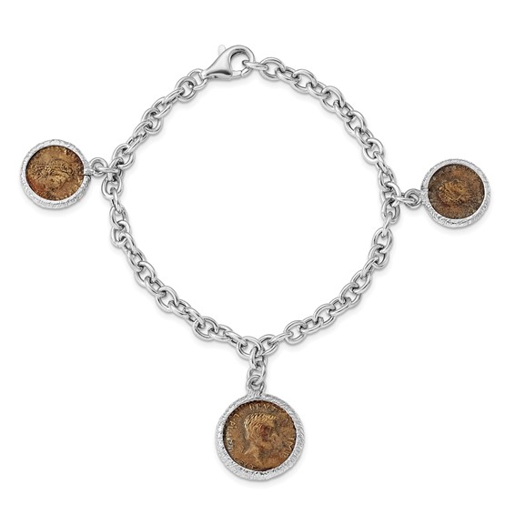 Leslie's Sterling Silver Rhodium-plated Bronze Roman Coin Bracelet