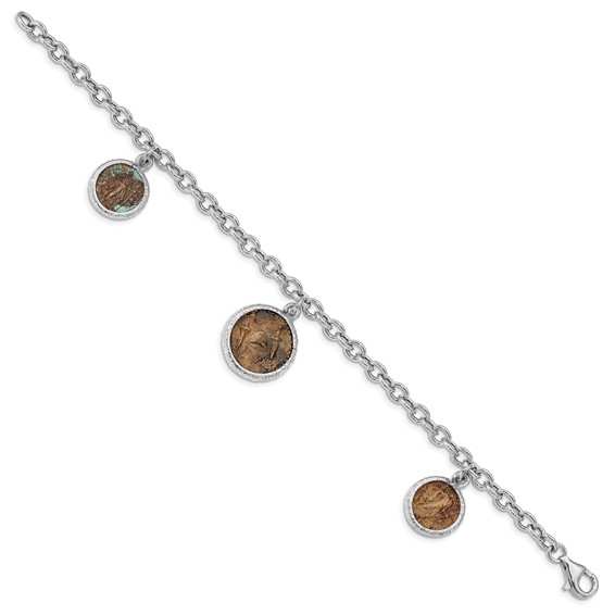 Leslie's Sterling Silver Rhodium-plated Bronze Roman Coin Bracelet