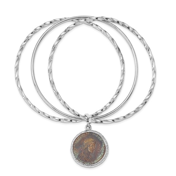 Leslie's Sterling Silver Rhodium-plated Bronze Roman Coin Bangle