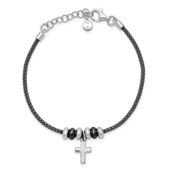 Leslie's Sterling Silver Rhod and Ruth-plated Cross w/ 1in ext Bracelet
