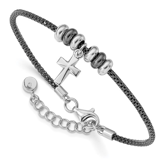 Leslie's Sterling Silver Rhod and Ruth-plated Cross w/ 1in ext Bracelet
