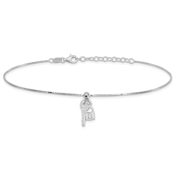Leslie's Sterling Silver Rhodium-plated Lock and Key Dangle 9 inch Plus 1 inch Extender - Total 10 inch Anklet