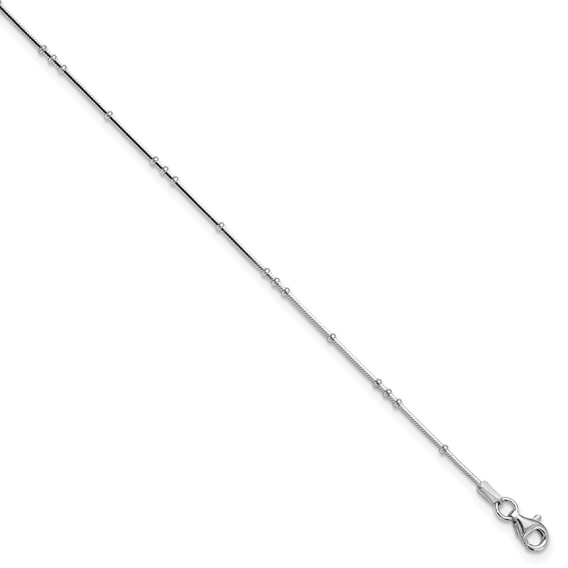 Sterling Silver Rhodium-plated Polished Beaded w/ 1in ext. Anklet