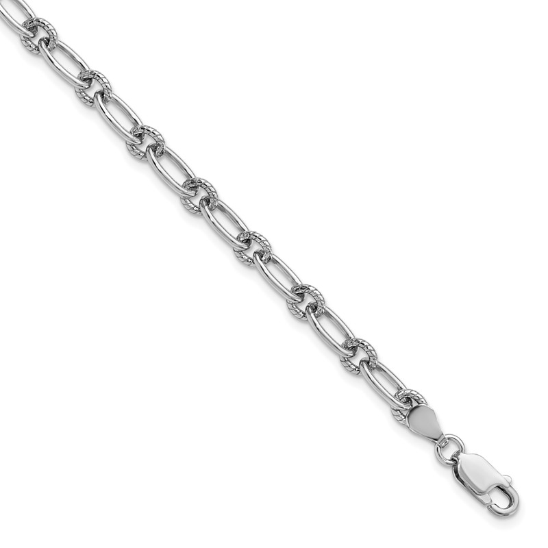 Sterling Silver Rhod-plated Textured Fancy Link Bracelet
