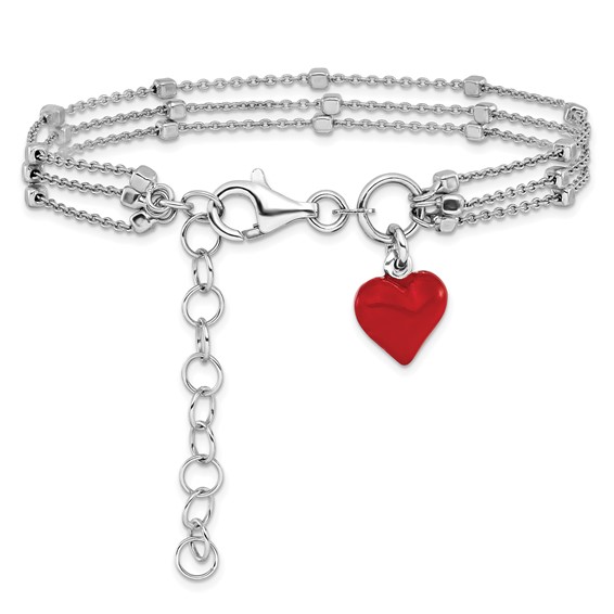 Leslie's Sterling Silver Rhod-plated Enameled Red Heart w/ 2in ext Bracelet