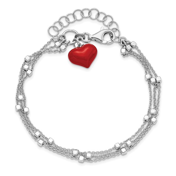 Leslie's Sterling Silver Rhod-plated Enameled Red Heart w/ 2in ext Bracelet