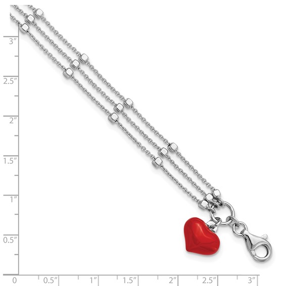 Leslie's Sterling Silver Rhod-plated Enameled Red Heart w/ 2in ext Bracelet