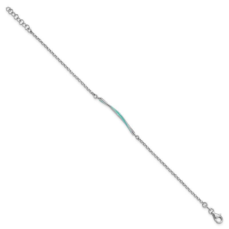 Sterling Silver Rhodium-pl Aqua Enamel w/ .75in ext. Bracelet