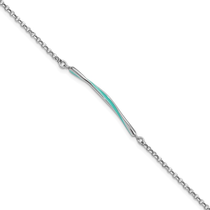 Sterling Silver Rhodium-pl Aqua Enamel w/ .75in ext. Bracelet