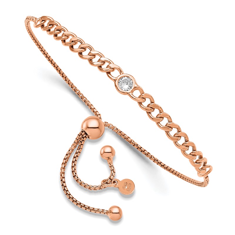 Sterling Silver Rose-tone Polished CZ Bolo Bracelet