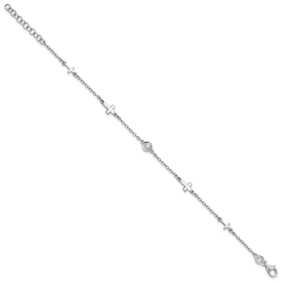 Leslie's Sterling Silver Rhodium-plated CZ Cross w/ 1in ext. Bracelet
