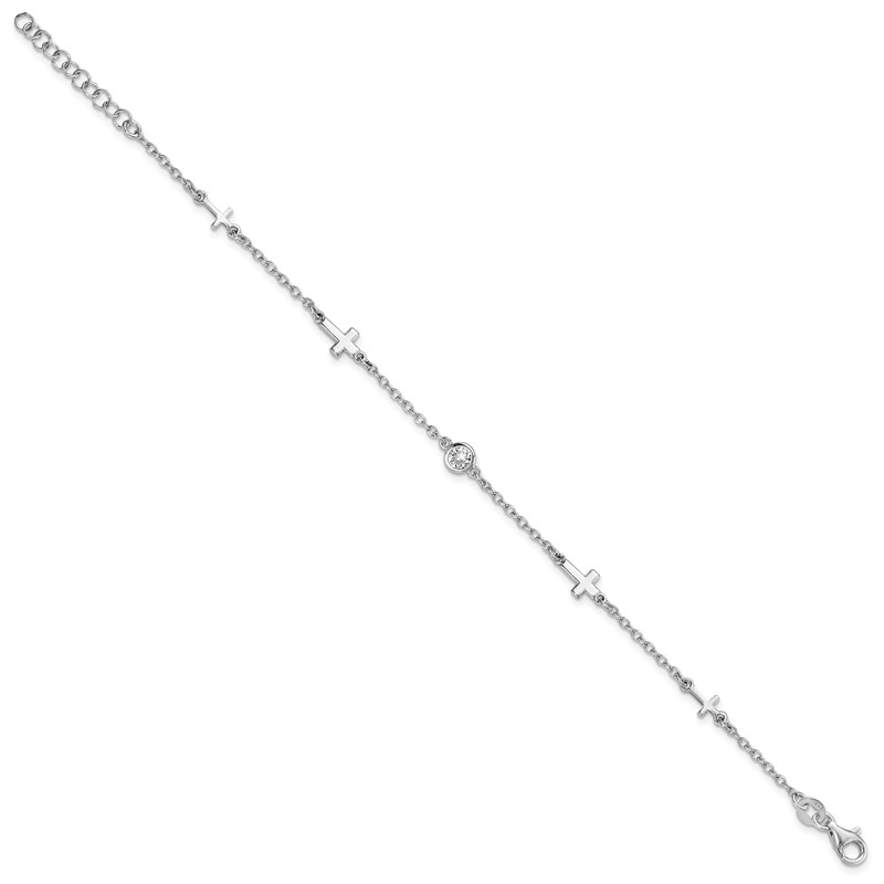 Sterling Silver Rhodium-plated CZ Cross w/ 1in ext. Bracelet