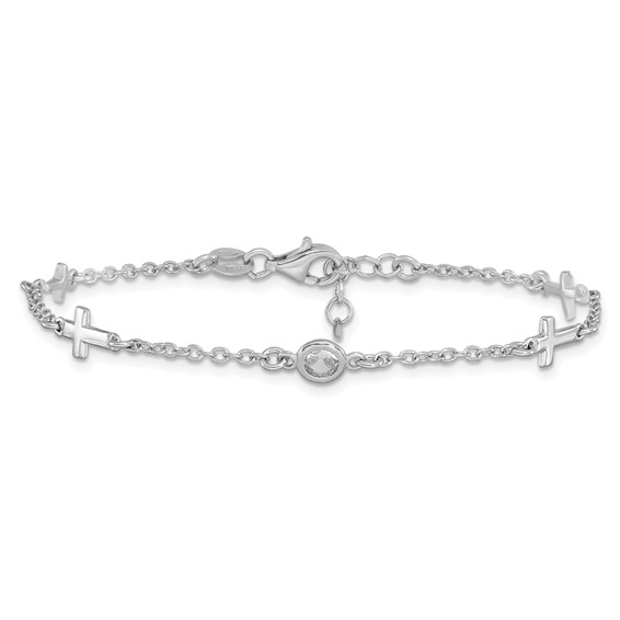 Leslie's Sterling Silver Rhodium-plated CZ Cross w/ 1in ext. Bracelet