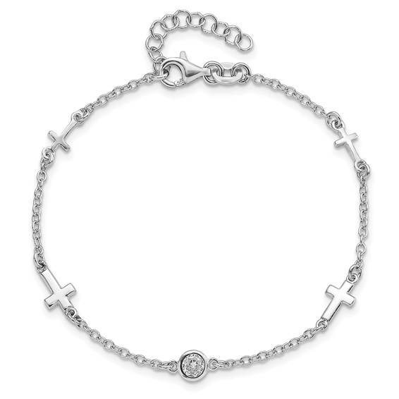 Leslie's Sterling Silver Rhodium-plated CZ Cross w/ 1in ext. Bracelet