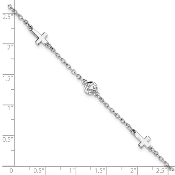 Leslie's Sterling Silver Rhodium-plated CZ Cross w/ 1in ext. Bracelet