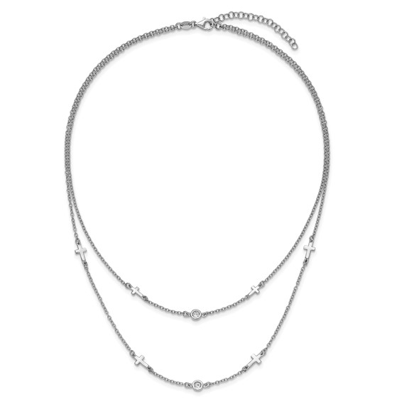Leslie's Sterling Silver Rhod-pl CZ Cross Multi-strand w/ 2in ext. Necklace