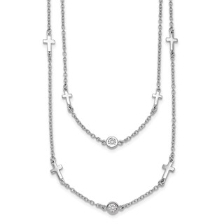 Leslie's Sterling Silver Rhod-pl CZ Cross Multi-strand w/ 2in ext. Necklace