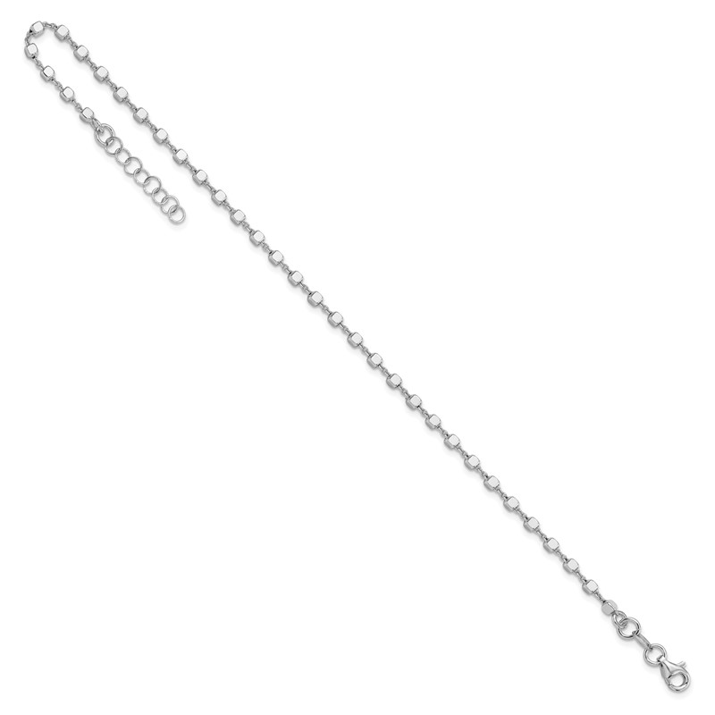 Sterling Silver Rh-plated Polished Cube Link with 1in. ext. Anklet