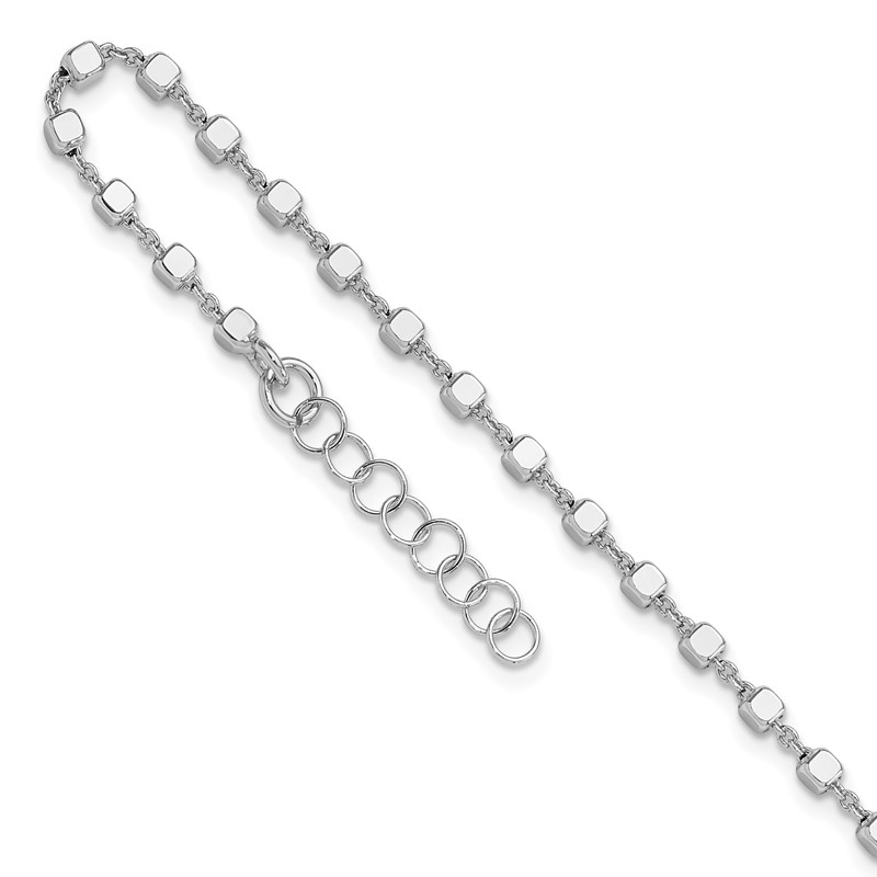 Sterling Silver Rh-plated Polished Cube Link with 1in. ext. Anklet
