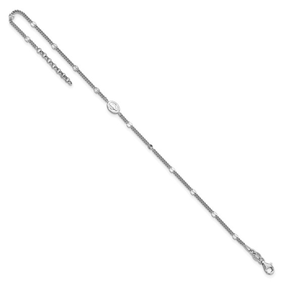 Leslie's Sterling Silver Rhodium-plated Miraculous Medal 9 inch Plus 1 inch Extender - Total 10 inch Anklet