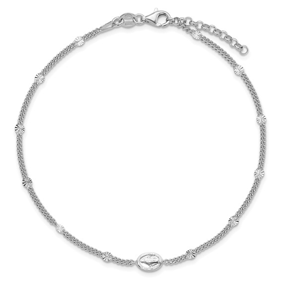 Leslie's Sterling Silver Rhodium-plated Miraculous Medal 9 inch Plus 1 inch Extender - Total 10 inch Anklet