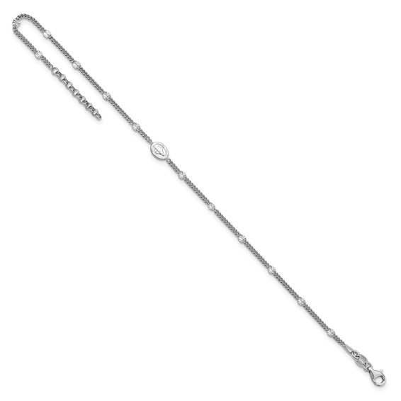 Leslie's Sterling Silver Rhodium-plated Miraculous Medal 9 inch Plus 1 inch Extender - Total 10 inch Anklet
