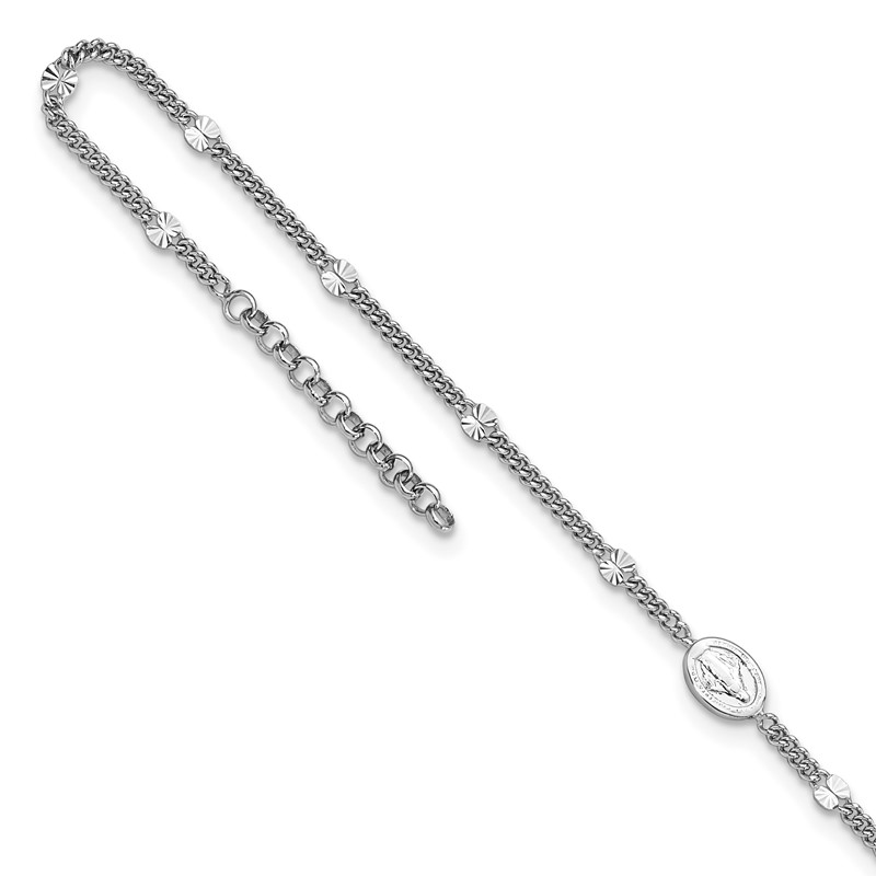 Sterling Silver RH-plt Miraculous Medal 9in Plus 1in ext. Anklet