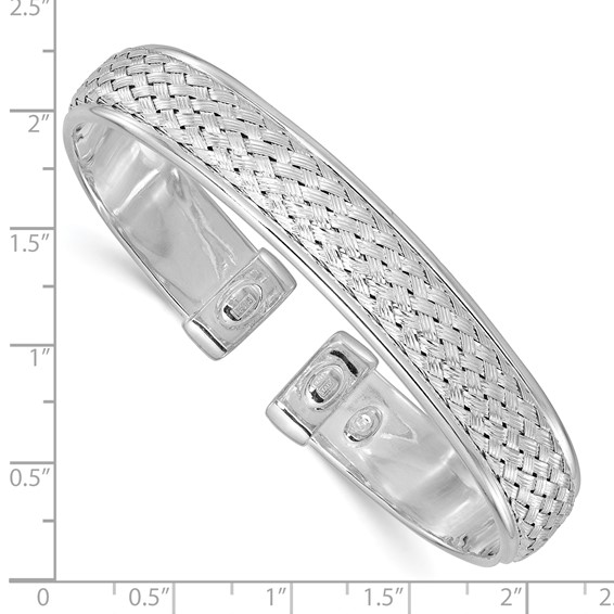 Sterling Silver Rhodium-plated Polished and Textured Cuff Bangle