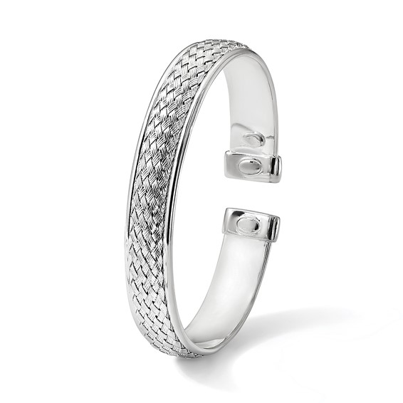 Sterling Silver Rhodium-plated Polished and Textured Cuff Bangle