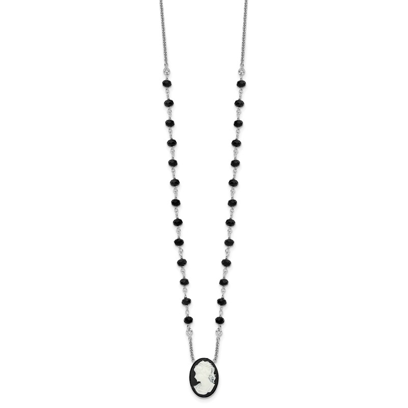 Sterling Silver Rh-plated Black Glass Beads Resin Cameo 1.5in ext.