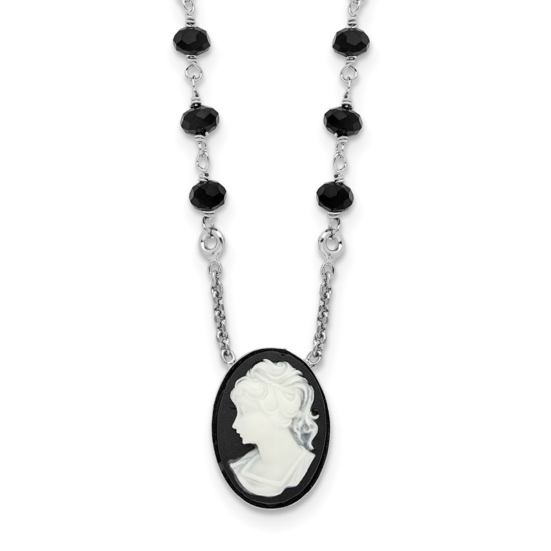 Sterling Silver Rh-plated Black Glass Beads Resin Cameo 1.5in ext.