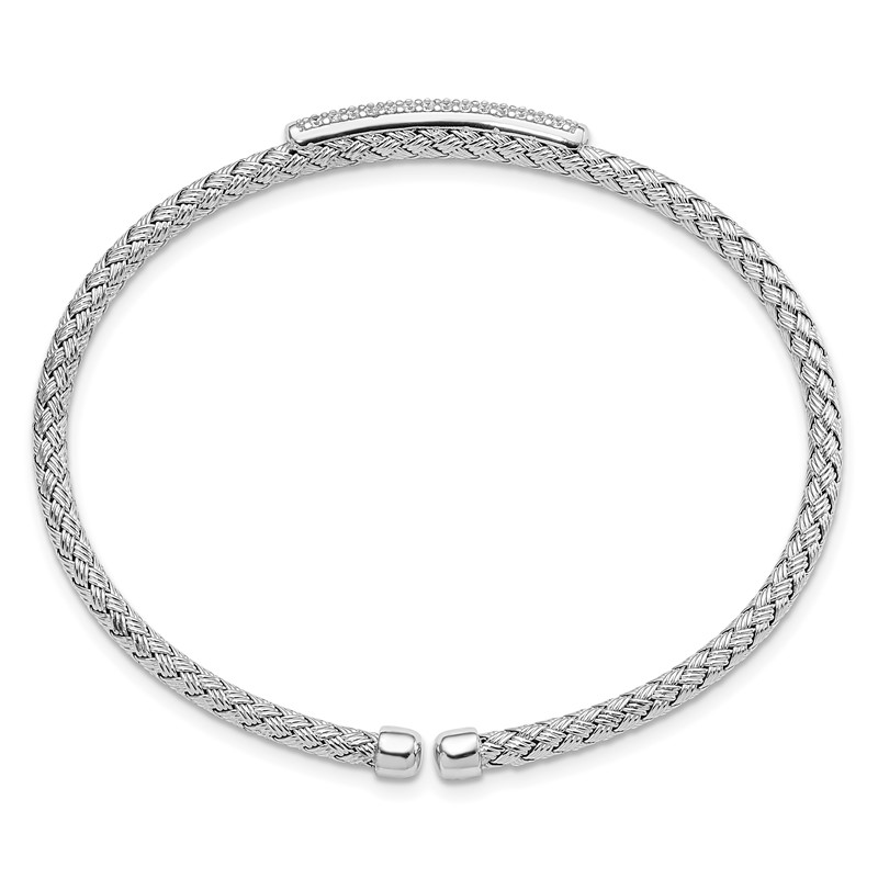 Sterling Silver RH-plated CZ Woven Flexible Cuff Bangle