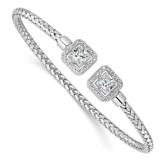 Leslie's Sterling Silver RH-plated CZ Polished Square Halo Cuff Bangle
