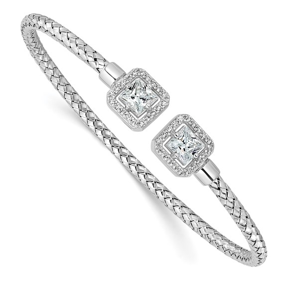 Leslie's Sterling Silver RH-plated CZ Polished Square Halo Cuff Bangle